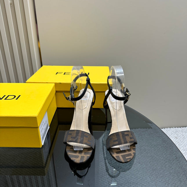 FENDI DELFINA HIGH-HEELED 10 CM SANDAL IN BROWN MONOGRAM FF CANVAS