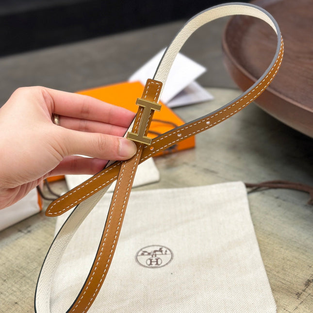 HM FOCUS BUCKLE & REVERSIBLE BRONZE BROWN AND WHITE LEATHER STRAP 13MM GOLD HARDWARE