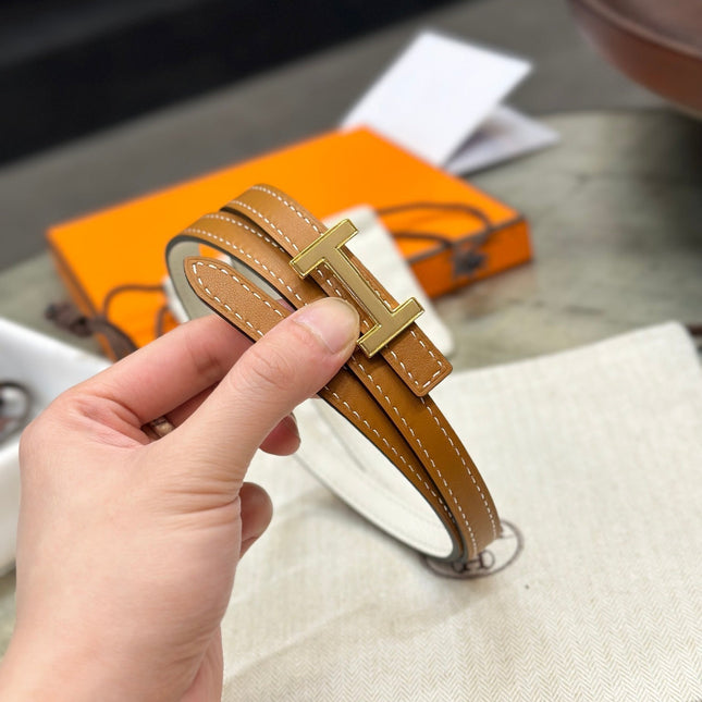 HM FOCUS BUCKLE & REVERSIBLE BRONZE BROWN AND WHITE LEATHER STRAP 13MM GOLD HARDWARE