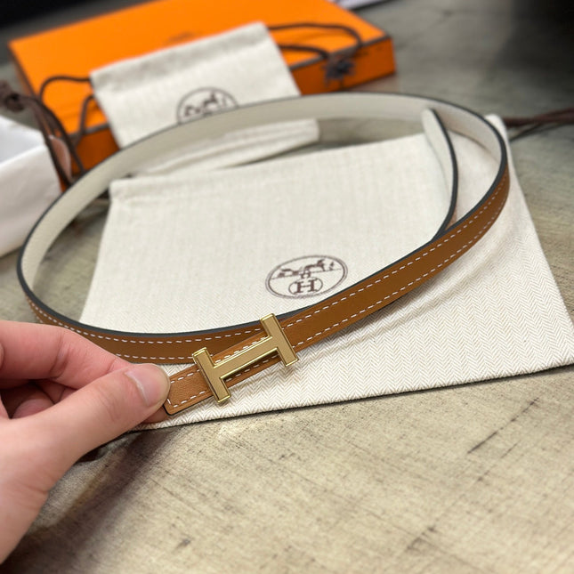 HM FOCUS BUCKLE & REVERSIBLE BRONZE BROWN AND WHITE LEATHER STRAP 13MM GOLD HARDWARE