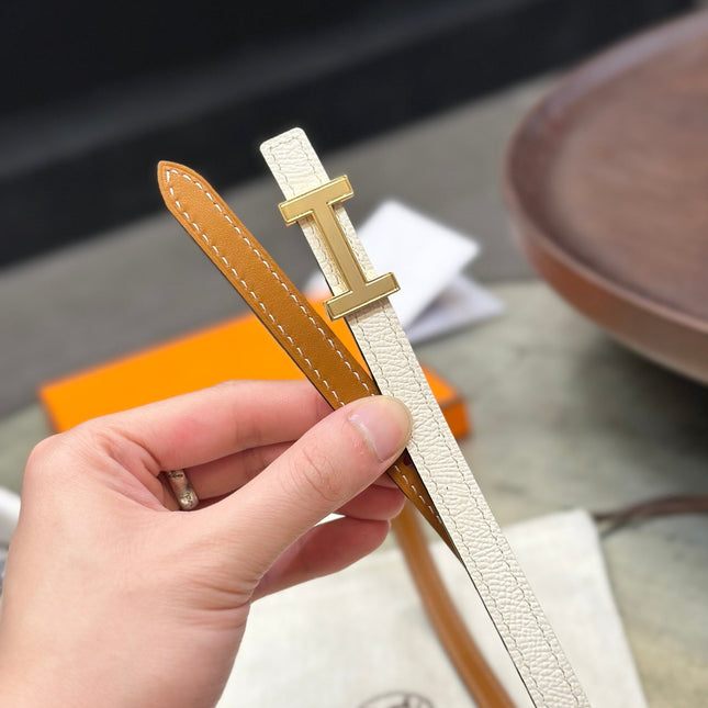 HM FOCUS BUCKLE & REVERSIBLE BRONZE BROWN AND WHITE LEATHER STRAP 13MM GOLD HARDWARE