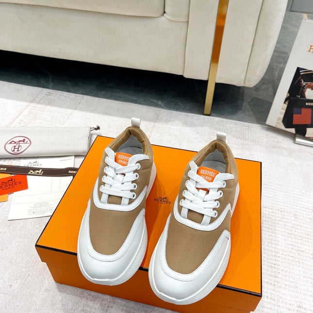 GIGA SNEAKER IN CIDER BROWN STITCHED MESH AND WHITE CALFSKIN