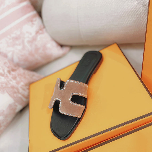 0ran Sandal Calfskin Rhinestone Brown