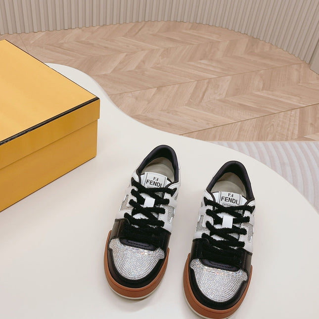 FENDI CASUAL SNEAKER IN BLACK MIX WHITE CALFSKIN ATTACH RHINSTONES