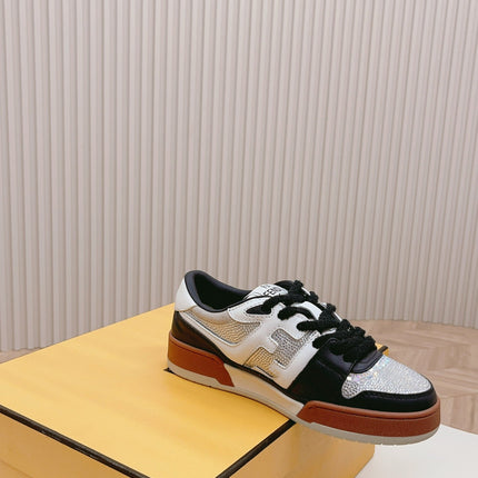 FENDI CASUAL SNEAKER IN BLACK MIX WHITE CALFSKIN ATTACH RHINSTONES
