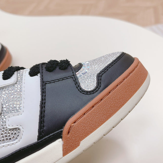 FENDI CASUAL SNEAKER IN BLACK MIX WHITE CALFSKIN ATTACH RHINSTONES