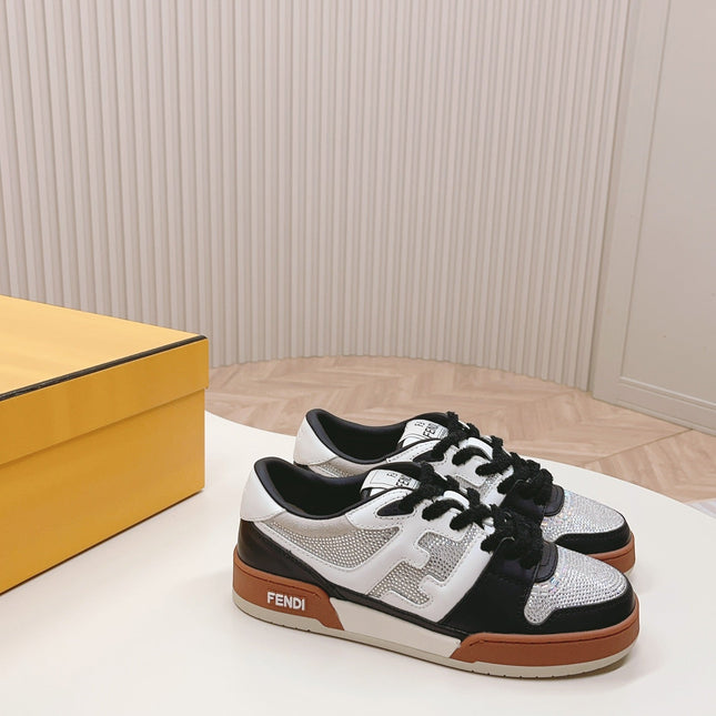 FENDI CASUAL SNEAKER IN BLACK MIX WHITE CALFSKIN ATTACH RHINSTONES