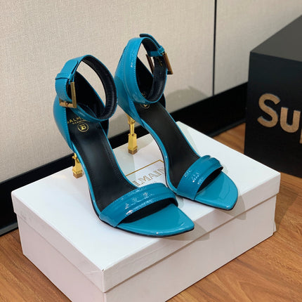 BALMAIN 25S SQUARE STRAP HIGH HEELS 100MM IN BLUE PATENT CALFSKIN