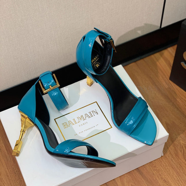 BALMAIN 25S SQUARE STRAP HIGH HEELS 100MM IN BLUE PATENT CALFSKIN