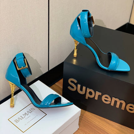 BALMAIN 25S SQUARE STRAP HIGH HEELS 100MM IN BLUE PATENT CALFSKIN