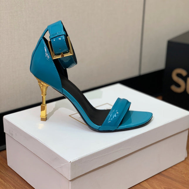 BALMAIN 25S SQUARE STRAP HIGH HEELS 100MM IN BLUE PATENT CALFSKIN