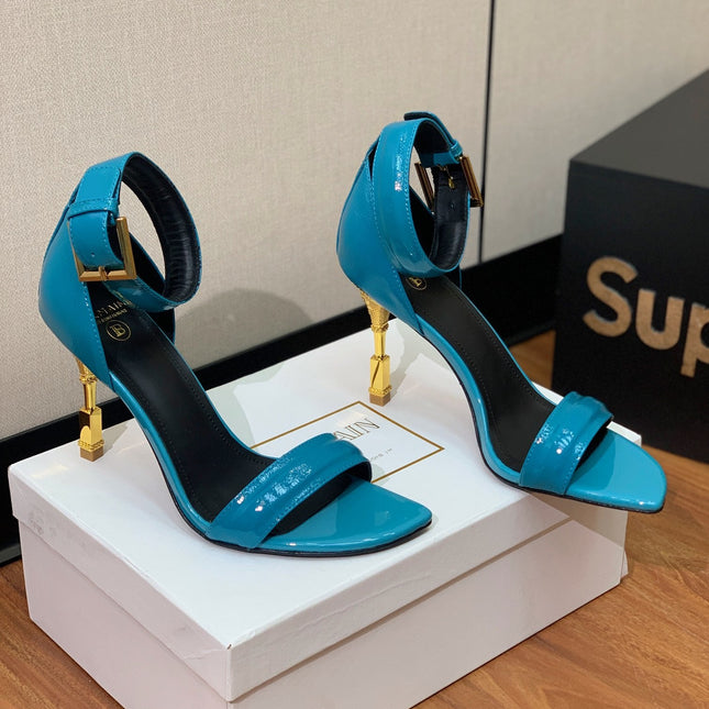 BALMAIN 25S SQUARE STRAP HIGH HEELS 100MM IN BLUE PATENT CALFSKIN