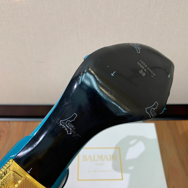 BALMAIN 25S SQUARE STRAP HIGH HEELS 100MM IN BLUE PATENT CALFSKIN