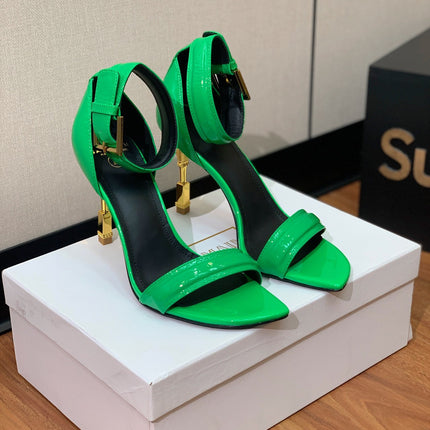 BALMAIN 25S SQUARE STRAP HIGH HEELS 100MM IN GREEN PATENT CALFSKIN