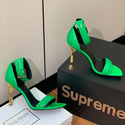 BALMAIN 25S SQUARE STRAP HIGH HEELS 100MM IN GREEN PATENT CALFSKIN