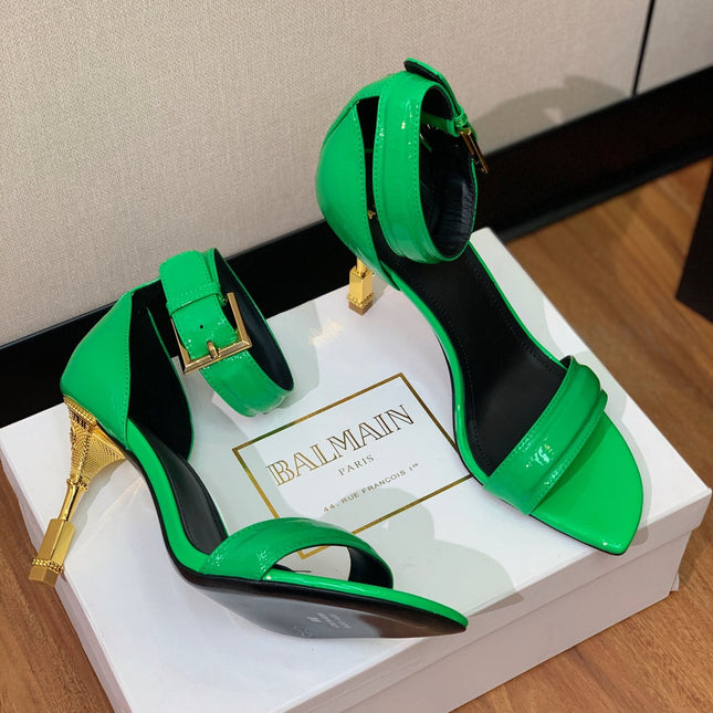 BALMAIN 25S SQUARE STRAP HIGH HEELS 100MM IN GREEN PATENT CALFSKIN
