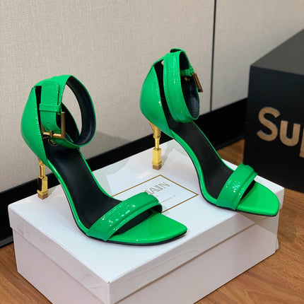 BALMAIN 25S SQUARE STRAP HIGH HEELS 100MM IN GREEN PATENT CALFSKIN