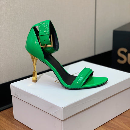 BALMAIN 25S SQUARE STRAP HIGH HEELS 100MM IN GREEN PATENT CALFSKIN