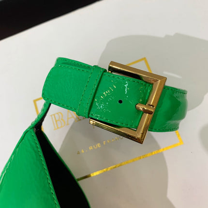 BALMAIN 25S SQUARE STRAP HIGH HEELS 100MM IN GREEN PATENT CALFSKIN