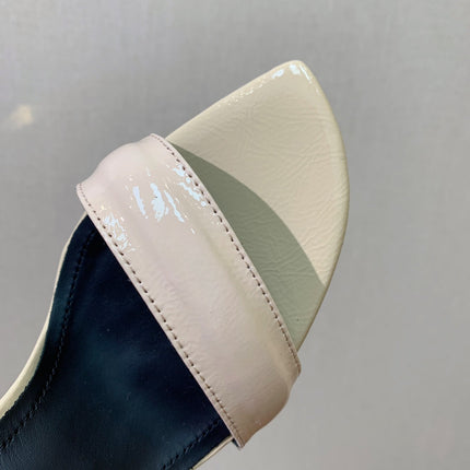 BALMAIN 25S SQUARE STRAP HIGH HEELS 100MM IN BEIGE PATENT CALFSKIN