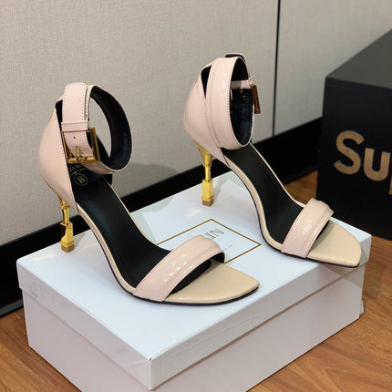 BALMAIN 25S SQUARE STRAP HIGH HEELS 100MM IN BEIGE PATENT CALFSKIN