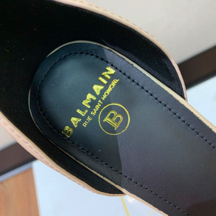 BALMAIN 25S SQUARE STRAP HIGH HEELS 100MM IN BEIGE PATENT CALFSKIN