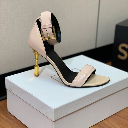 BALMAIN 25S SQUARE STRAP HIGH HEELS 100MM IN BEIGE PATENT CALFSKIN