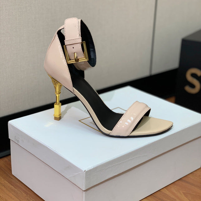 BALMAIN 25S SQUARE STRAP HIGH HEELS 100MM IN BEIGE PATENT CALFSKIN