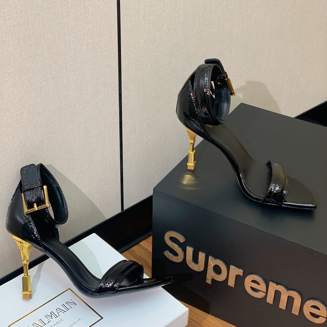 BALMAIN 25S SQUARE STRAP HIGH HEELS 100MM IN BLACK PATENT CALFSKIN