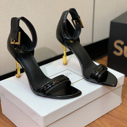 BALMAIN 25S SQUARE STRAP HIGH HEELS 100MM IN BLACK PATENT CALFSKIN