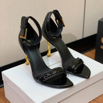 BALMAIN 25S SQUARE STRAP HIGH HEELS 100MM IN BLACK PATENT CALFSKIN