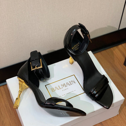 BALMAIN 25S SQUARE STRAP HIGH HEELS 100MM IN BLACK PATENT CALFSKIN