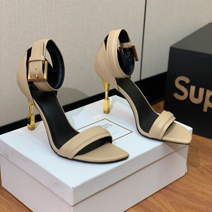 BALMAIN 25S SQUARE STRAP HIGH HEELS 100MM IN BEIGE GRAY CALFSKIN