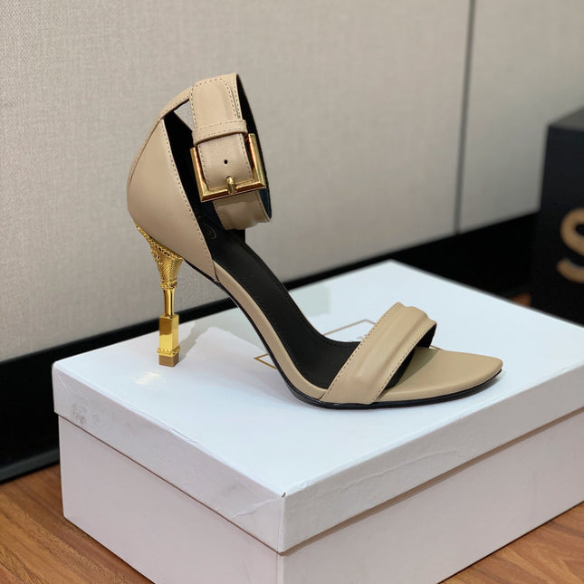 BALMAIN 25S SQUARE STRAP HIGH HEELS 100MM IN BEIGE GRAY CALFSKIN