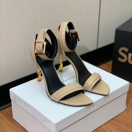 BALMAIN 25S SQUARE STRAP HIGH HEELS 100MM IN BEIGE GRAY CALFSKIN