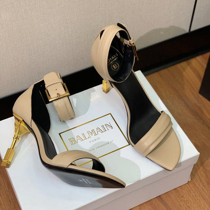 BALMAIN 25S SQUARE STRAP HIGH HEELS 100MM IN BEIGE GRAY CALFSKIN