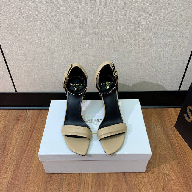BALMAIN 25S SQUARE STRAP HIGH HEELS 100MM IN BEIGE GRAY CALFSKIN