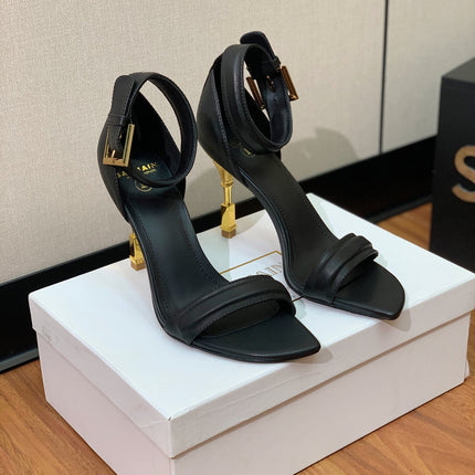 BALMAIN 25S SQUARE STRAP HIGH HEELS 100MM IN BLACK CALFSKIN