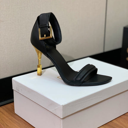 BALMAIN 25S SQUARE STRAP HIGH HEELS 100MM IN BLACK CALFSKIN