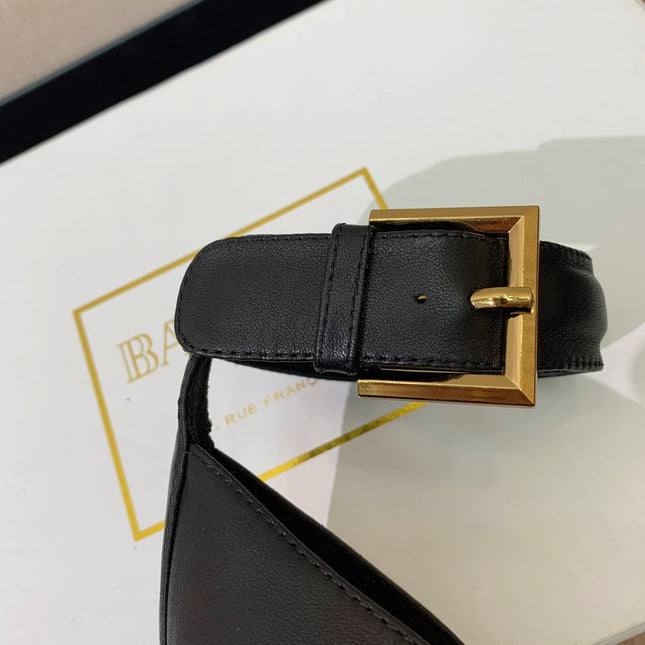 BALMAIN 25S SQUARE STRAP HIGH HEELS 100MM IN BLACK CALFSKIN