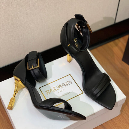 BALMAIN 25S SQUARE STRAP HIGH HEELS 100MM IN BLACK CALFSKIN