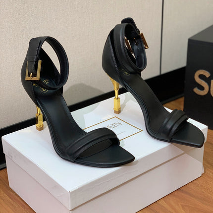 BALMAIN 25S SQUARE STRAP HIGH HEELS 100MM IN BLACK CALFSKIN