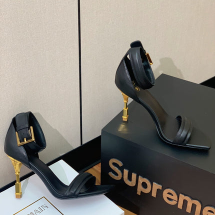 BALMAIN 25S SQUARE STRAP HIGH HEELS 100MM IN BLACK CALFSKIN