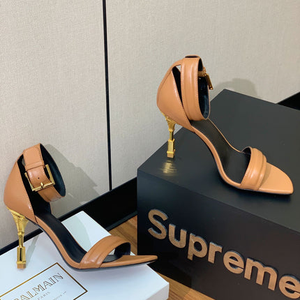 BALMAIN 25S SQUARE STRAP HIGH HEELS 100MM IN CARAMEL CALFSKIN