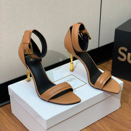 BALMAIN 25S SQUARE STRAP HIGH HEELS 100MM IN CARAMEL CALFSKIN