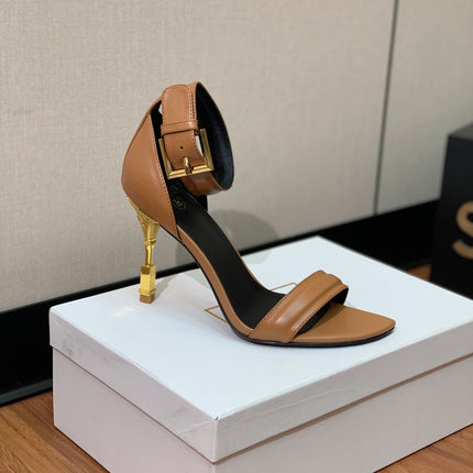 BALMAIN 25S SQUARE STRAP HIGH HEELS 100MM IN CARAMEL CALFSKIN