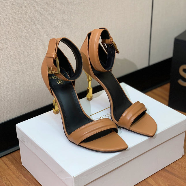BALMAIN 25S SQUARE STRAP HIGH HEELS 100MM IN CARAMEL CALFSKIN