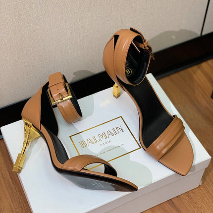 BALMAIN 25S SQUARE STRAP HIGH HEELS 100MM IN CARAMEL CALFSKIN