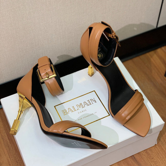 BALMAIN 25S SQUARE STRAP HIGH HEELS 100MM IN CARAMEL CALFSKIN