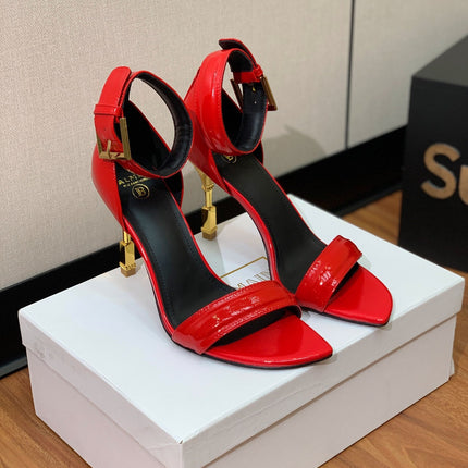 BALMAIN 25S SQUARE STRAP HIGH HEELS 100MM IN RED PATENT CALFSKIN